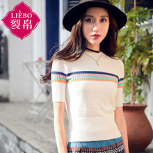 裂帛旗舰店2018夏装新款圆领短袖条纹上衣百搭罗纹套头针织衫女图片