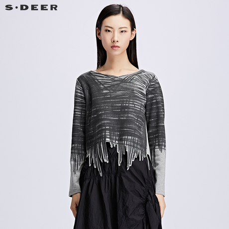 sdeer圣迪奥2018秋女装现代建筑感破边长袖T恤S17180279商品大图