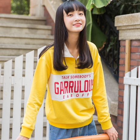 尔给印花字母拉链卫衣女韩版学生宽松小清新bf风2017半高领外套女商品大图
