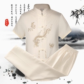 2件套中国风爸爸春秋老人衣服 套装 唐装 爷爷装 短袖 夏季中老年男士