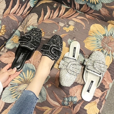 拖鞋女夏时尚平底外穿百搭个性无后跟懒人半拖鞋韩版大码水钻凉拖
