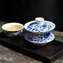 长物居 手绘青花瓷缠枝莲纹三才盖碗盖杯 景德镇手工陶瓷茶杯茶具
