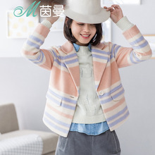 茵曼旗舰店2018秋冬装新款条纹西装领羊毛毛呢外套女装短款呢大衣图片