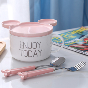 可爱卡通陶瓷泡面碗带盖