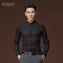 男士 小立领商务休闲黑色青年寸衣春季新款 时尚 衬衫 修身 POWO长袖