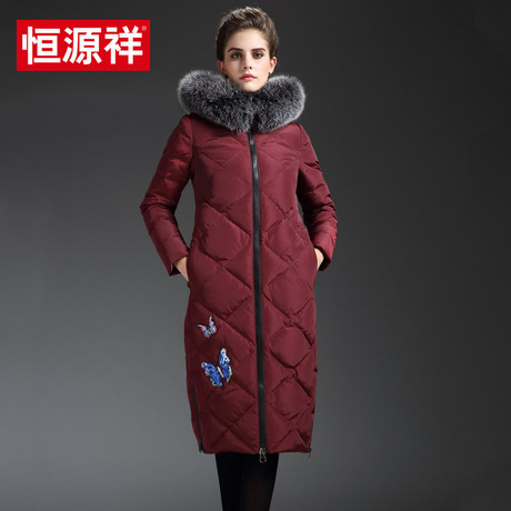 恒源祥2017冬装新款女士中长款连帽大毛领加厚保暖羽绒服长款外套商品大图