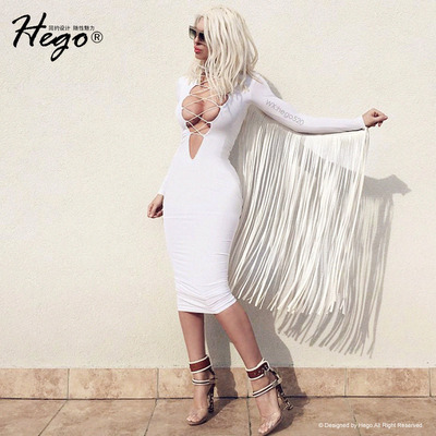hego2018春季新品性感交叉绑带V领夜店修身礼服流苏长袖连衣裙潮