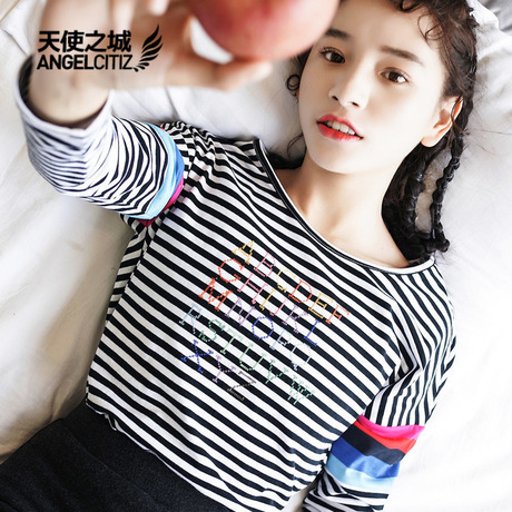 天使之城2018春季长袖T恤心机显瘦条纹原宿女学生chic港味商品大图