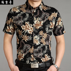 夏装新品男士印花短袖休闲花衬衫中年薄款男加肥加大半袖爸爸衬衣