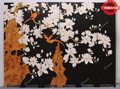 黑底玉兰花鸟手绘彩绘漆画客厅屏风隔断折叠屏风实木背景墙装饰画