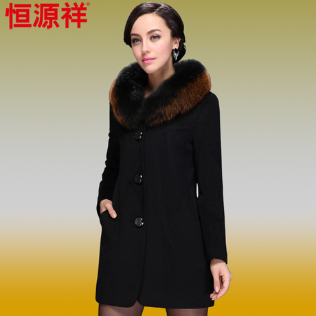 女士中长款羊毛外套单排扣时尚贵气女装狐狸大毛领妈妈装羊毛大衣商品大图