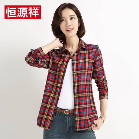 恒源祥春秋装纯棉小格子衬衫女修身休闲大码显瘦加厚条纹衬衣外套商品大图