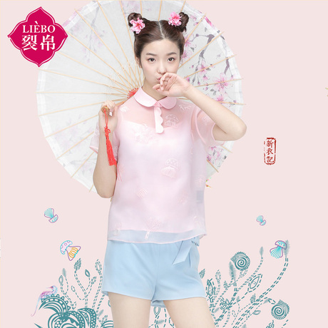 裂帛新衣记2017夏季新款女装绣花两件套雪纺衫短袖蕾丝衫68160133商品大图