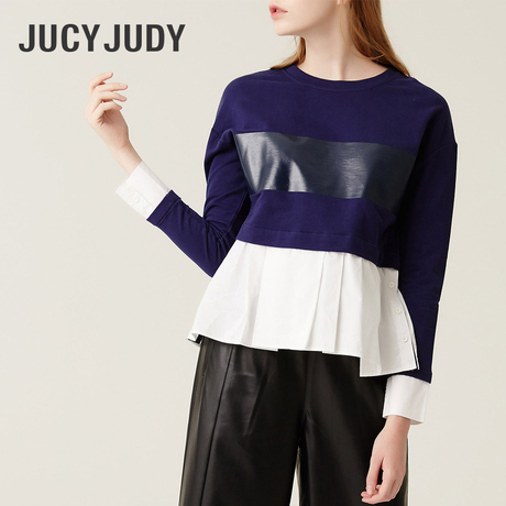 Jucy Judy百家好T恤新款秋冬拼接撞色衬衫上衣女非代购JQTS522F商品大图