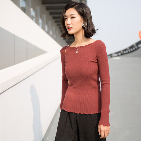裂帛所在夏季新款简约纯色罗纹提花修身套头毛衣女53160373商品大图