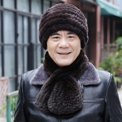 獭兔毛皮草帽子围巾男士冬天冬季保暖加厚老人围巾中老年人爸爸帽