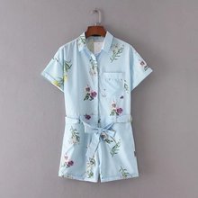出口尾单 连体裤 花卉印花蓝色细条纹短款 外贸原单大牌欧美新款