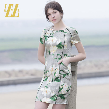 佐尔美夏季新品真丝连衣裙 桑蚕丝印花短袖宽松裙子女E62LS14商品大图
