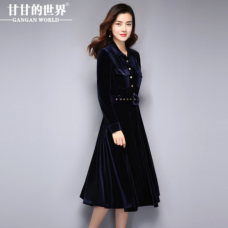 金丝绒纯色OL连衣裙长袖2017秋季新款甘甘的世界收腰翻领长裙女Q商品大图