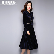 金丝绒纯色OL连衣裙长袖2017秋季新款甘甘的世界收腰翻领长裙女Q图片