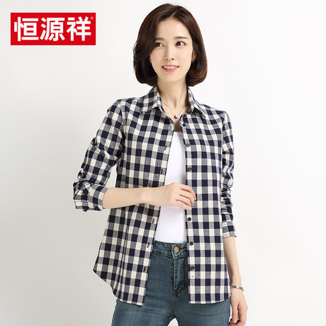 恒源祥春秋纯棉磨毛长袖蓝白格子衬衫女大码复古休闲气质衬衣外套商品大图