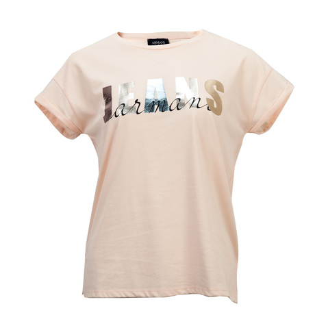 ARMANI JEANS 淡橘粉色纯棉烫金字母印花女士短袖T恤 银泰商品大图