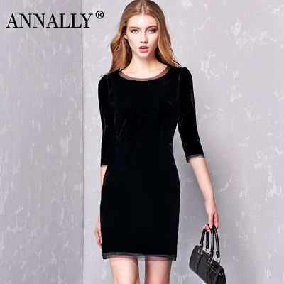 Annally2016春装新款金丝绒裙OL气质简约修身显瘦七分袖女连衣裙