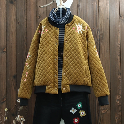 文艺范复古刺绣短款棉衣女秋冬新品立领宽松加厚保暖棉服外套上衣