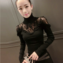 2019新款秋冬高领针织毛衣女套头打底衫修身蕾丝长袖秋季上衣外穿