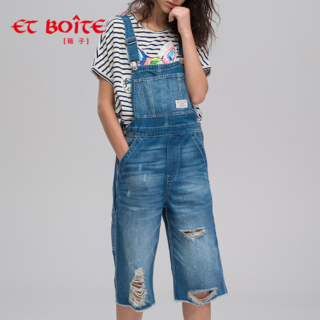 Et Boite/法文箱子背带裤水洗破洞七分牛仔吊带裤女E6A193商品大图