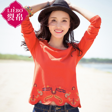 裂帛民族风2018秋季新款女装打底衫短款T恤长袖上衣休闲卫衣宽松商品大图