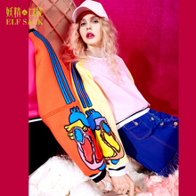 妖精的口袋Y鲜亮伴奏2018秋季新款宽松圆领图案廓形套头卫衣女图片