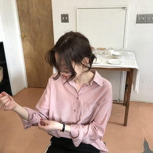 [ELINASEA]小海自制2019春夏纯色休闲长袖薄款翻领单排扣衬衫女