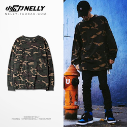 欧美潮牌高街OVERSIZE军事网红男女宽松落肩迷彩长袖T恤