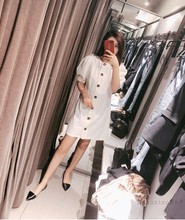 080 4886 连衣裙短裙 欧美单排扣圆领蓬蓬袖
