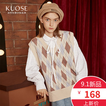 阔色2018秋冬新款韩版女学生套头毛衣无袖格子v领针织衫马甲图片
