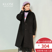 阔色2018秋冬新款韩版女装学生宽松黑色中长款大衣毛呢外套图片