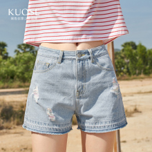 阔色2018夏季新款韩版女装学生直筒浅蓝色短裤破洞热裤牛仔裤图片