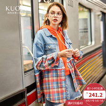 阔色2018秋季新款韩版女装学生拼接格纹ulzzang长袖牛仔外套预售图片