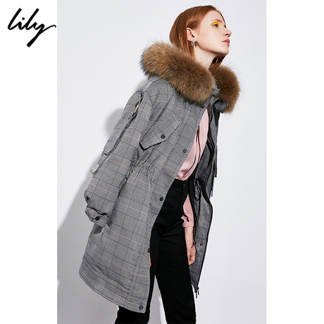 Lily2018冬新款女装格纹收腰毛领中长款羽绒服外套118439E1954商品大图