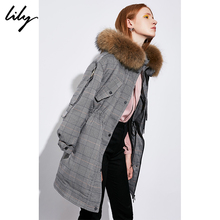 Lily2018冬新款女装格纹收腰毛领中长款羽绒服外套118439E1954图片