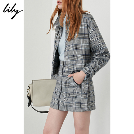 Lily2018秋新款女装绣字母蓝灰格子宽松腰带短外套118339C3908商品大图