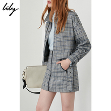 Lily2018秋新款女装绣字母蓝灰格子宽松腰带短外套118339C3908图片