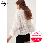 Lily2018春新款女装OL白色圆领荷叶边直筒蕾丝衫118130C8214