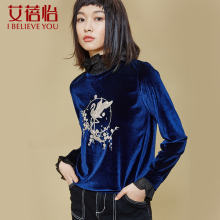 艾蓓怡套头卫衣2017新款女圆领长袖chic秋季上衣绣花丝绒图片