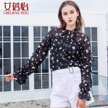 艾蓓怡雪纺衫女秋季2018新款长袖黑色上衣女v领印花休闲chic超仙图片