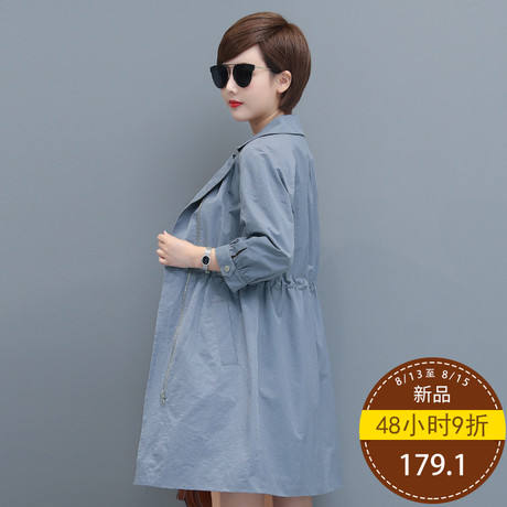 秋比2018新款秋季女装韩版休闲七分袖风衣女中长款拉链抽绳外套女商品大图