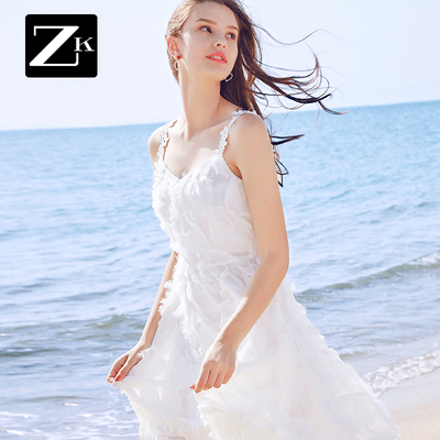 ZK羽毛流苏露肩吊带连衣裙超仙女温柔风裙子小清新夏装2018新款女