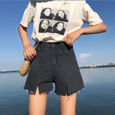 韩版新款高腰毛边阔腿宽松牛仔短裤女热裤2018春夏季学生休闲百搭
