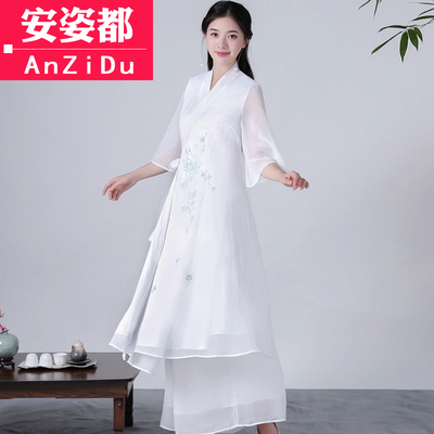秋装中国风女装复古茶服禅意中式长裙汉服改良棉麻白色仙女连衣裙